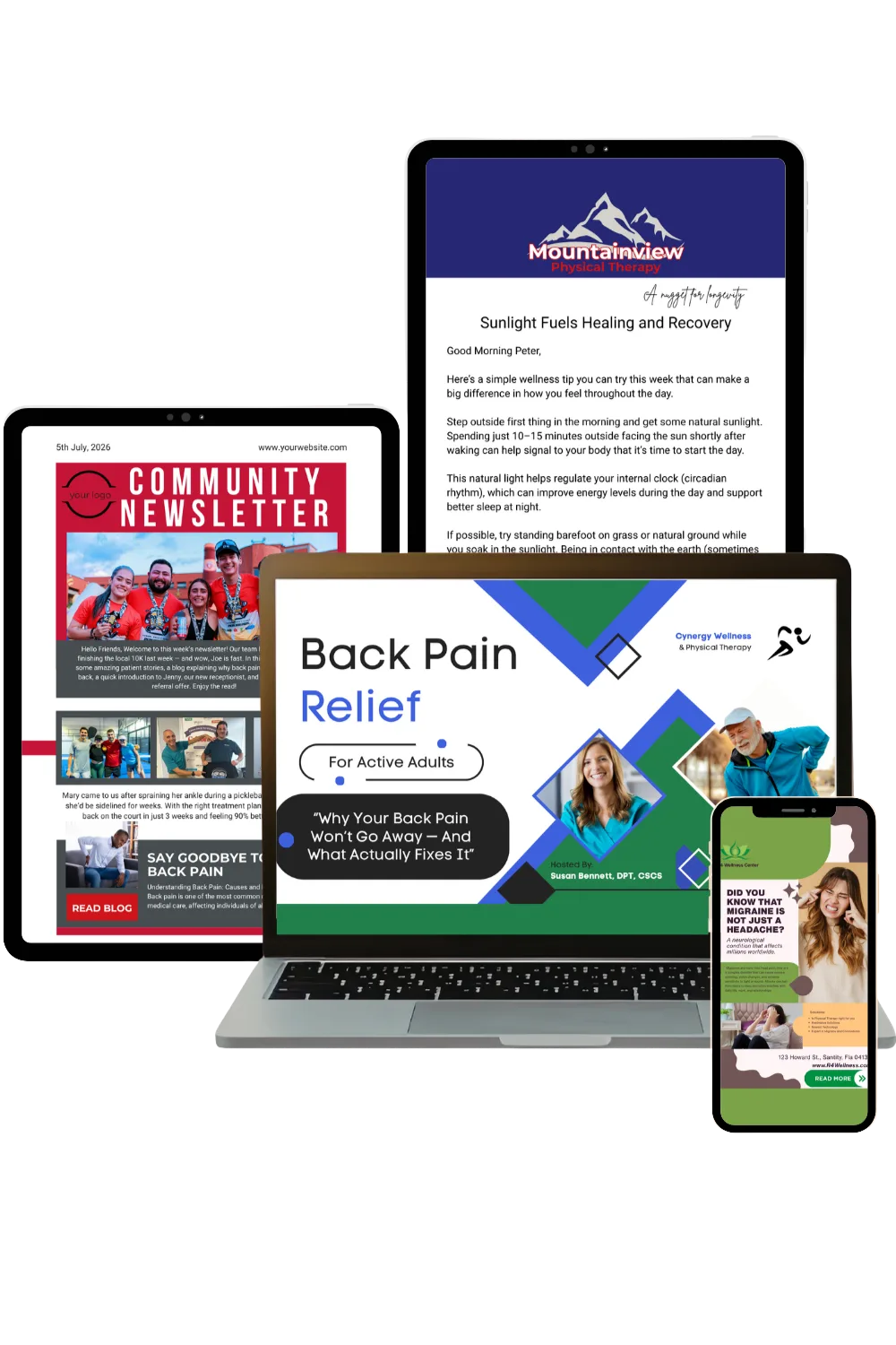 Physical therapy marketing examples shown across a tablet, laptop, and phone