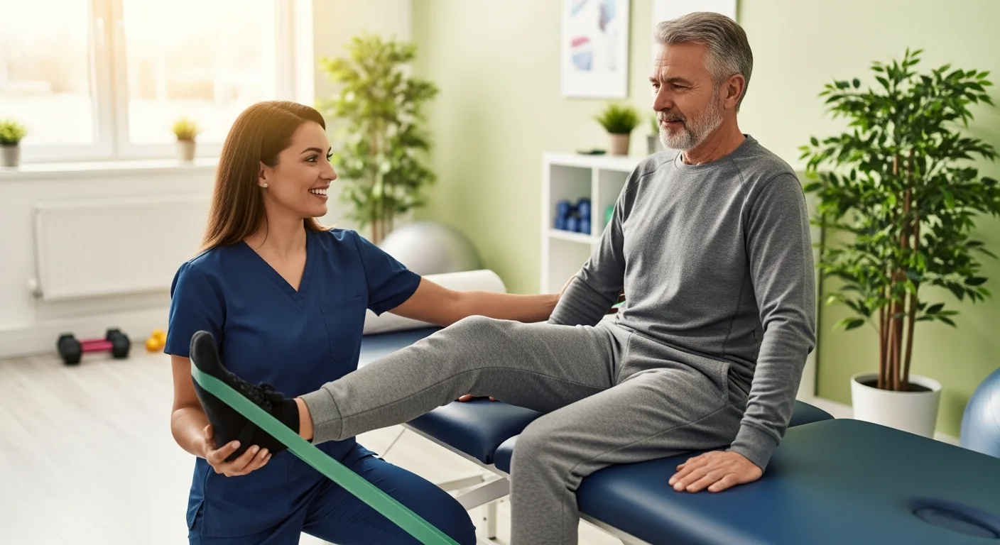 Physical therapist helping a patient recover in a welcoming clinic setting