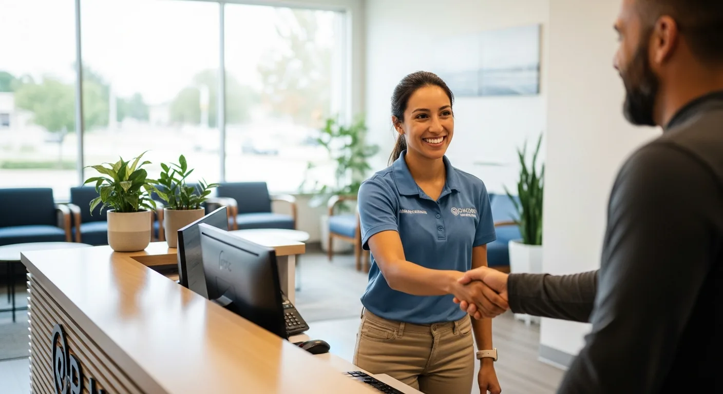 Friendly physical therapist welcoming a new patient at the clinic