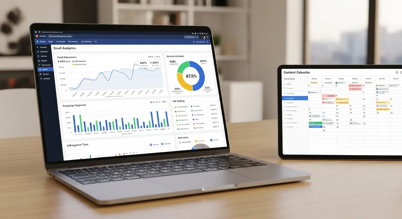 Email marketing dashboard on a laptop showing open rates and engagement metrics for a PT clinic newsletter