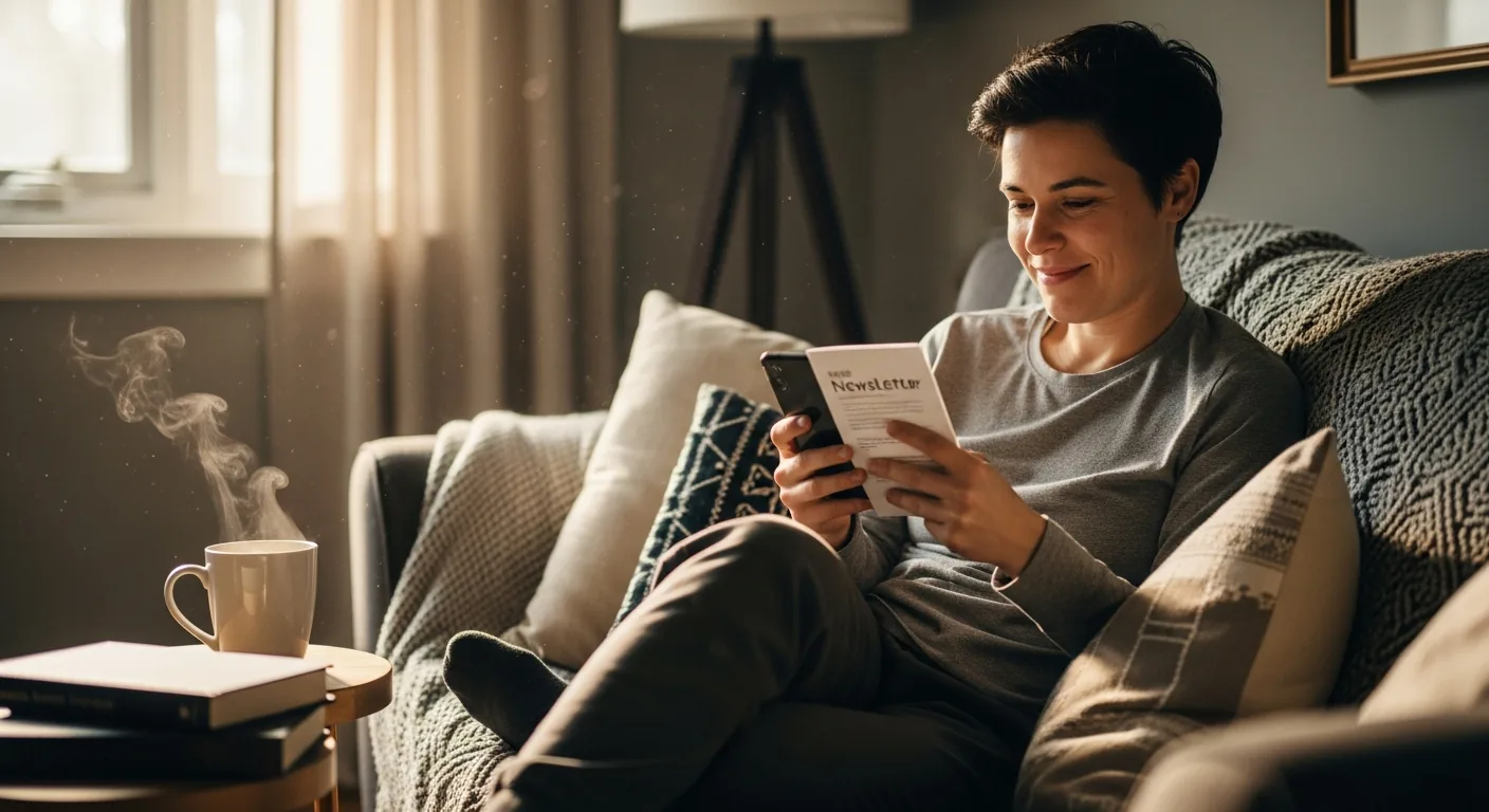 Person smiling while reading a PT clinic email newsletter on their phone on a Sunday morning