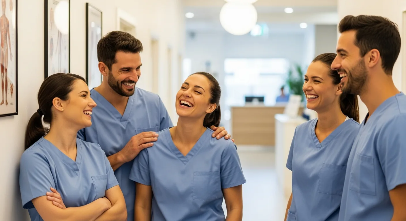 Cheerful physical therapy clinic team posing together in their clinic, smiling and candid