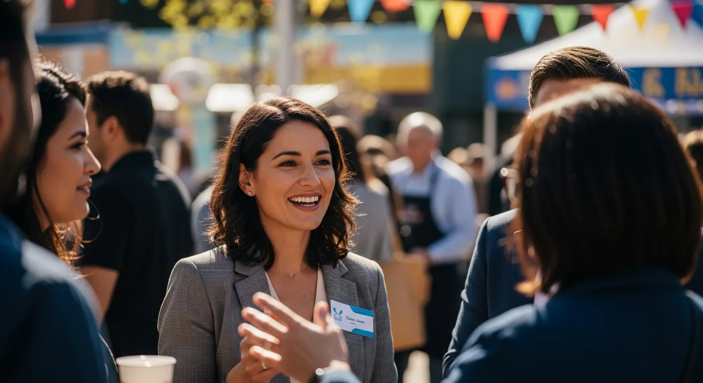 Physical therapy clinic owner networking at a local community event