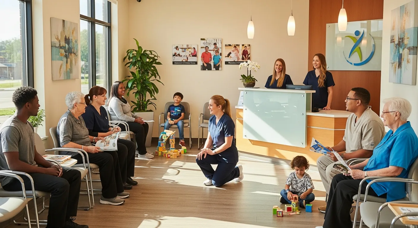 Thriving physical therapy clinic with happy patients and engaged staff