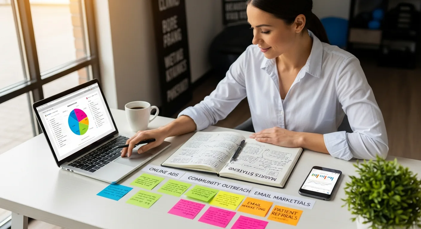 PT clinic owner planning a multi-channel marketing strategy at a bright modern desk