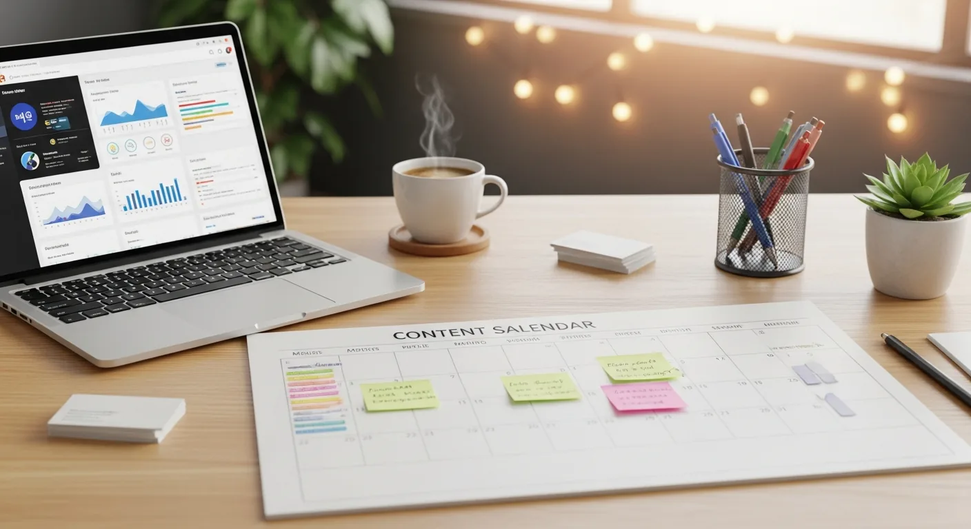 Organized marketing workspace with content calendar, sticky notes, and laptop for PT clinic social media planning