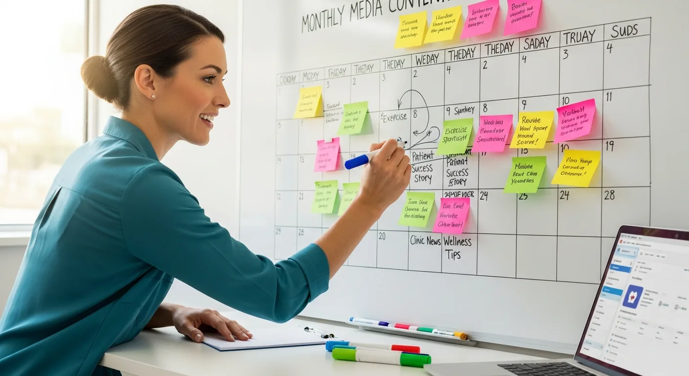 PT clinic owner mapping out a monthly social media content calendar on a whiteboard