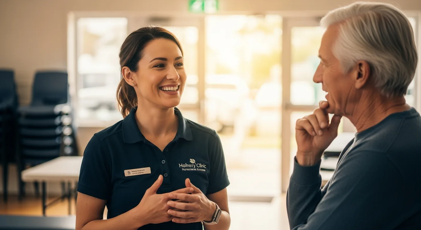 Physical therapist connecting with a community member after a successful workshop